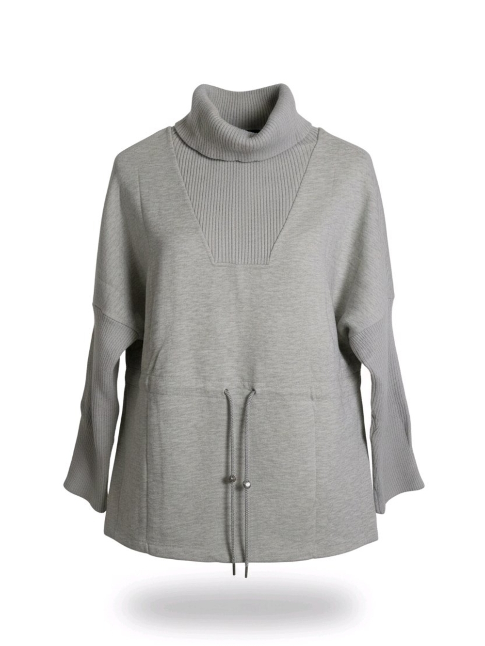 Cozy Gray Ribbed Cowl-Neck Drawstring Sweater